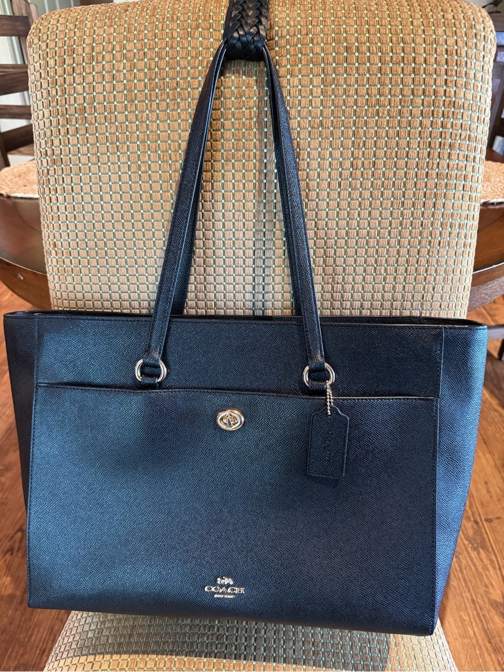 Coach Black Saffiano Leather Kiss Lock Tote with Pocket